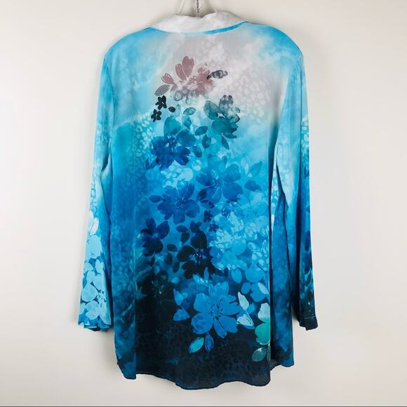 Soft Surroundings blue floral silk button top coastal preppy tropical large - Picture 5 of 9